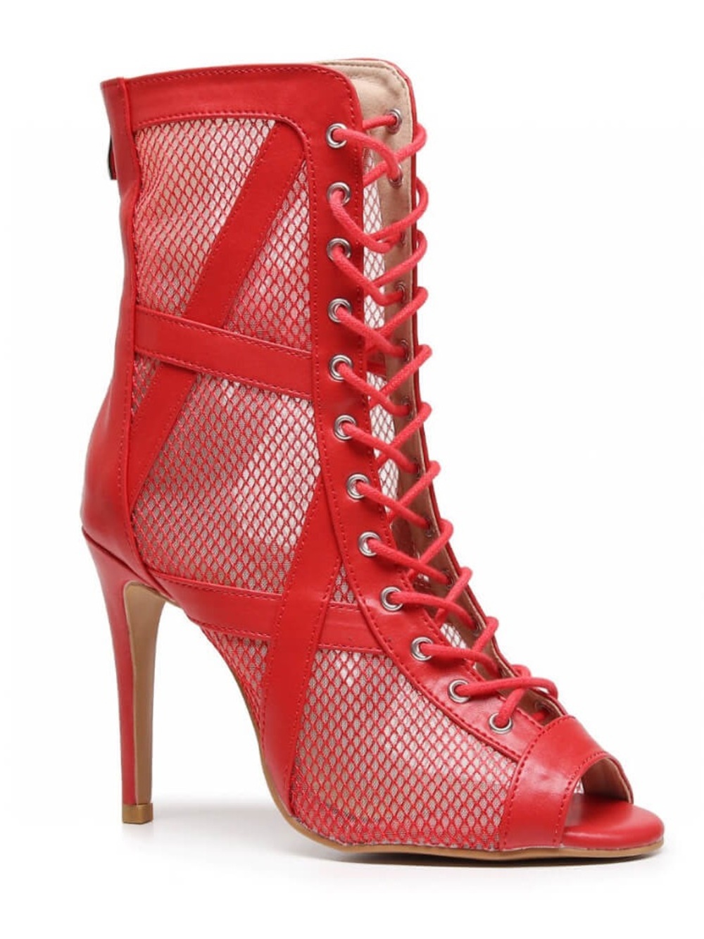 Burju Shoes Xiomara - Open Toe Cross Design Fishnet Mesh Ankle Boots